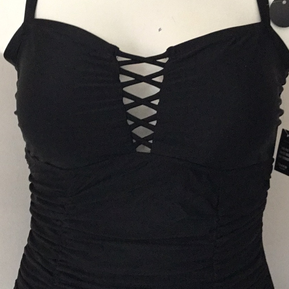 Black Ruched Swimsuit with Crisscross Detail